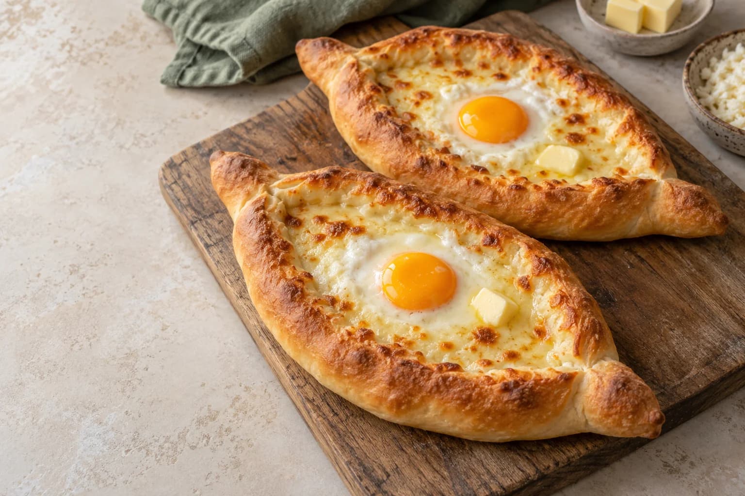 Two Adjaruli khachapuri with golden bread rims, melted cheese, egg and butter.