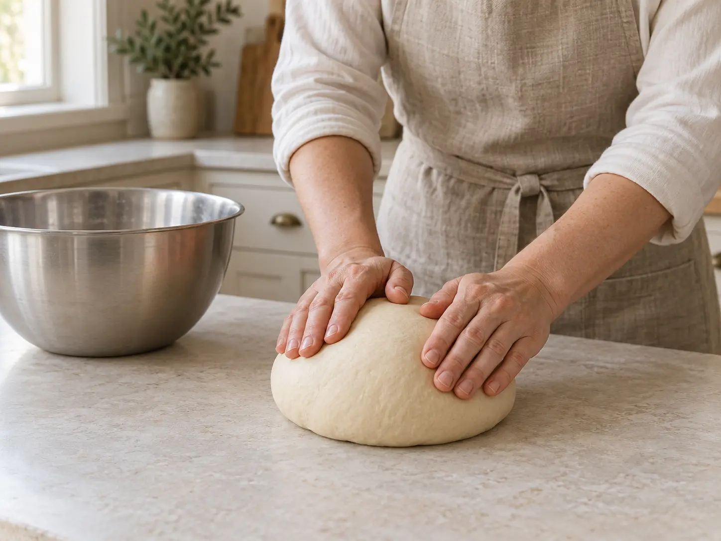 Een bakker drukt met beide handen op een gladde, stevige bal bageldeeg naast een metalen mengkom.