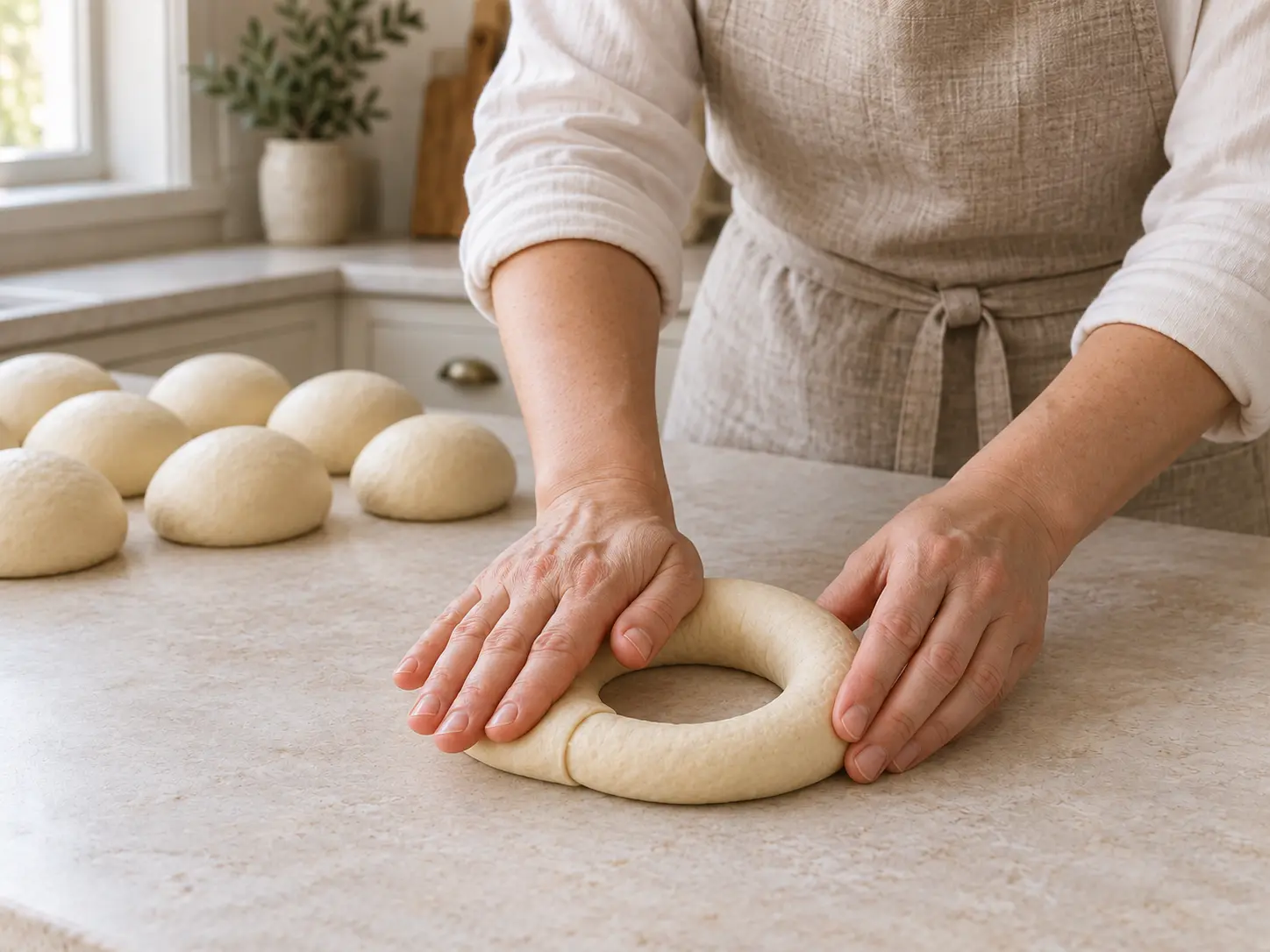 Een bakker rolt de overlappende uiteinden van een deegstreng onder de handpalm dicht tot een bagelring met ruim middengat.