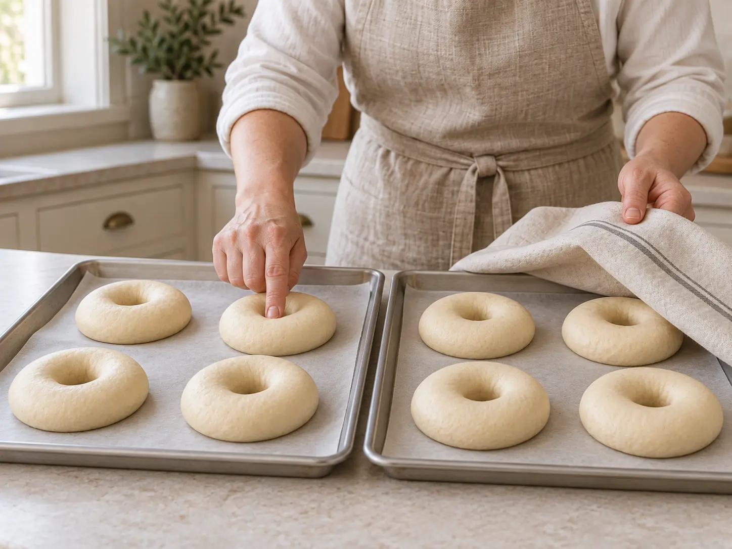 Acht licht gerezen bagelringen liggen met open middengaten op twee bakplaten terwijl één ring met een vinger wordt getest.