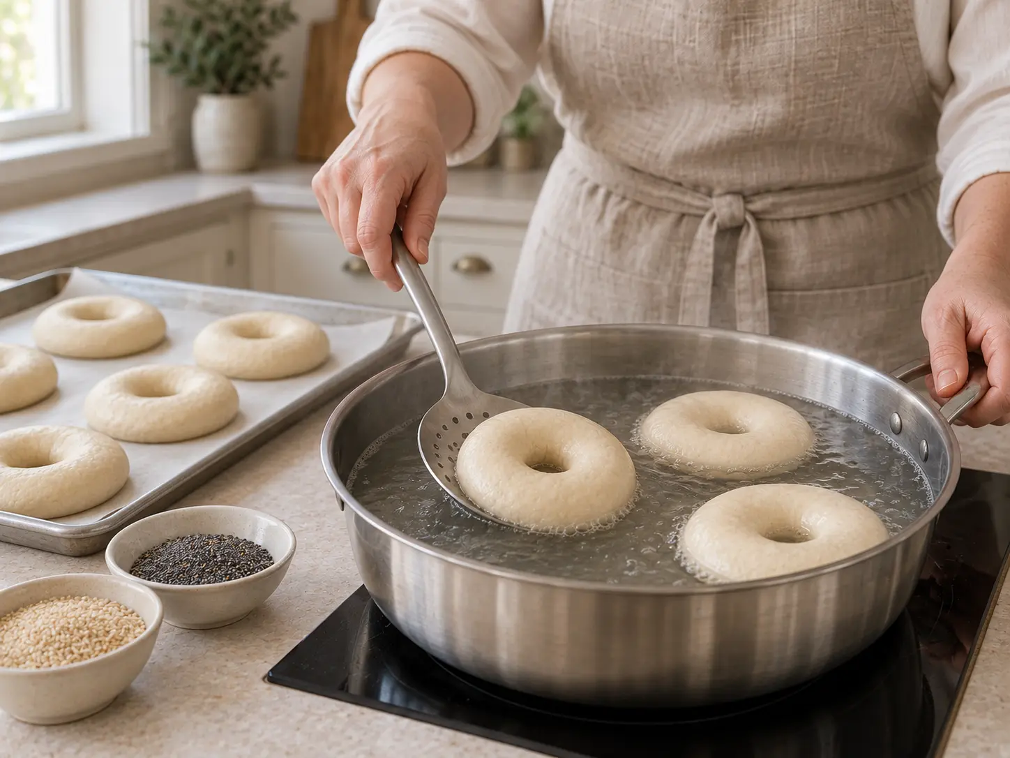 Drie bagelringen drijven in zacht kokend water terwijl een bakker er één met een schuimspaan omkeert.