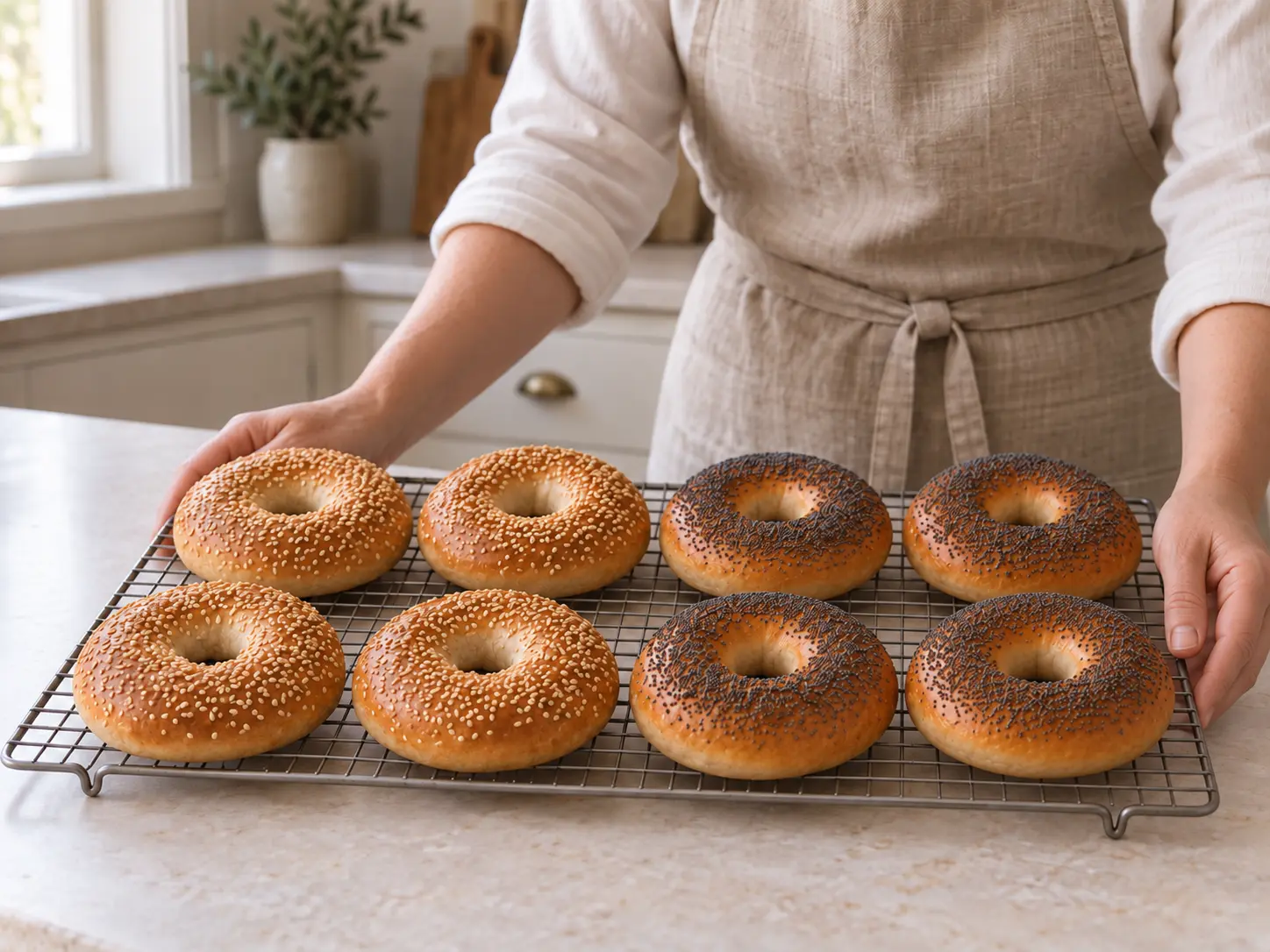 Acht diep goudbruine bagels met open middengaten koelen op een rooster, vier met sesam en vier met maanzaad.