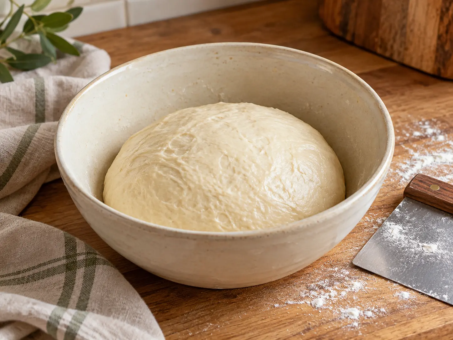 Aerated bazlama dough rests as one supple risen mass in a cream-colored bowl.
