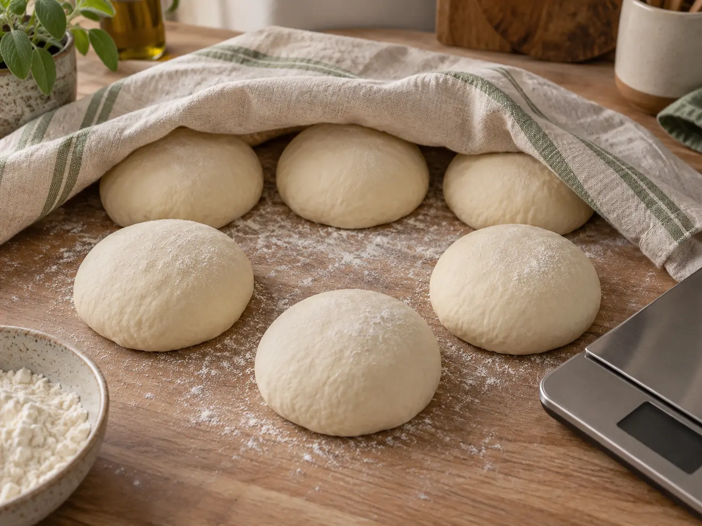 Six equal rounded portions of bazlama dough rest partly beneath a clean linen cloth.