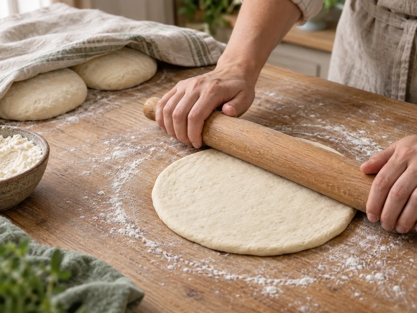 Hands roll a round of bazlama dough with a wooden rolling pin while two portions rest under linen.