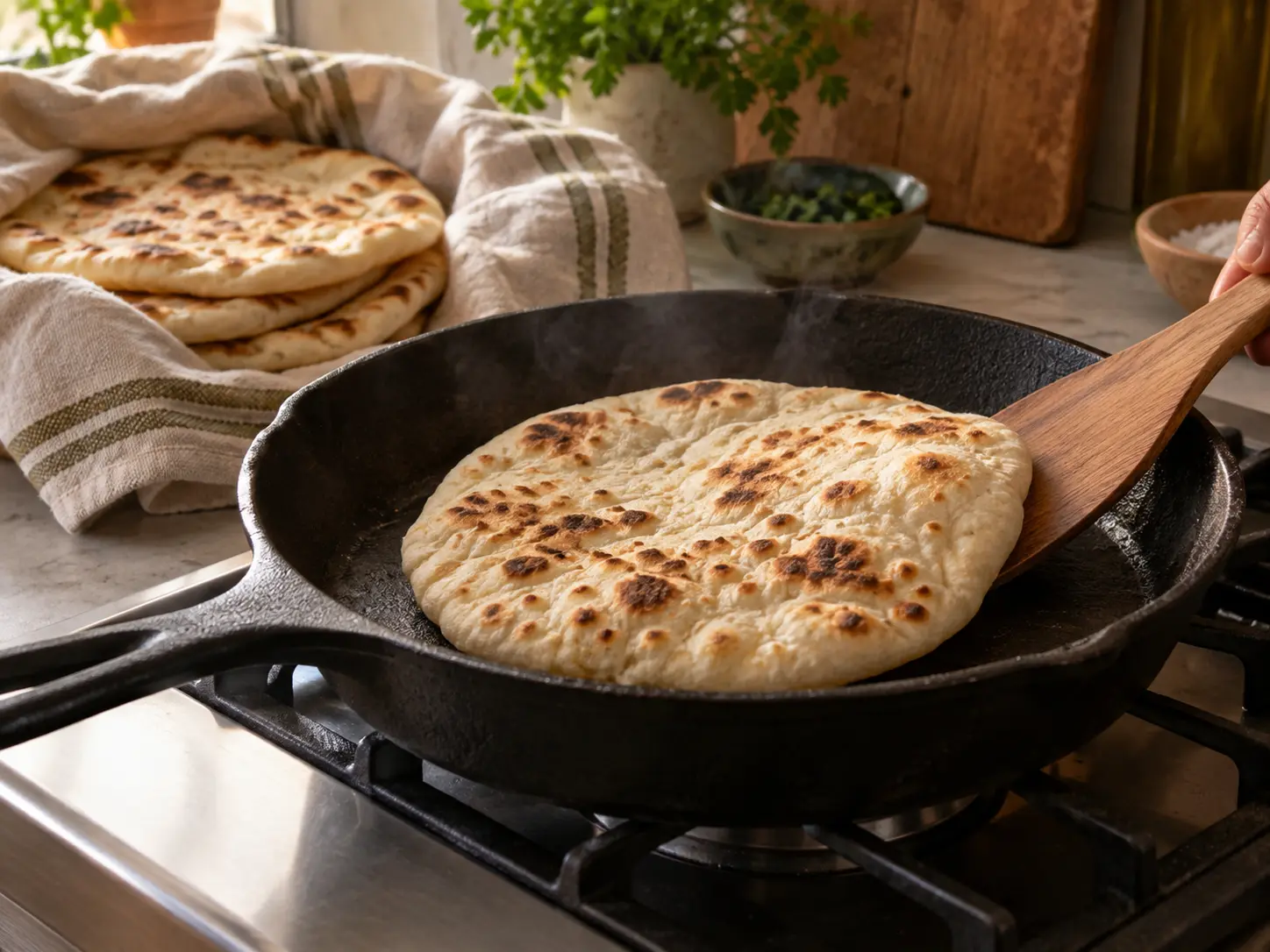 A bazlama with bubbles and toasted spots cooks without oil in a heavy cast-iron frying pan.