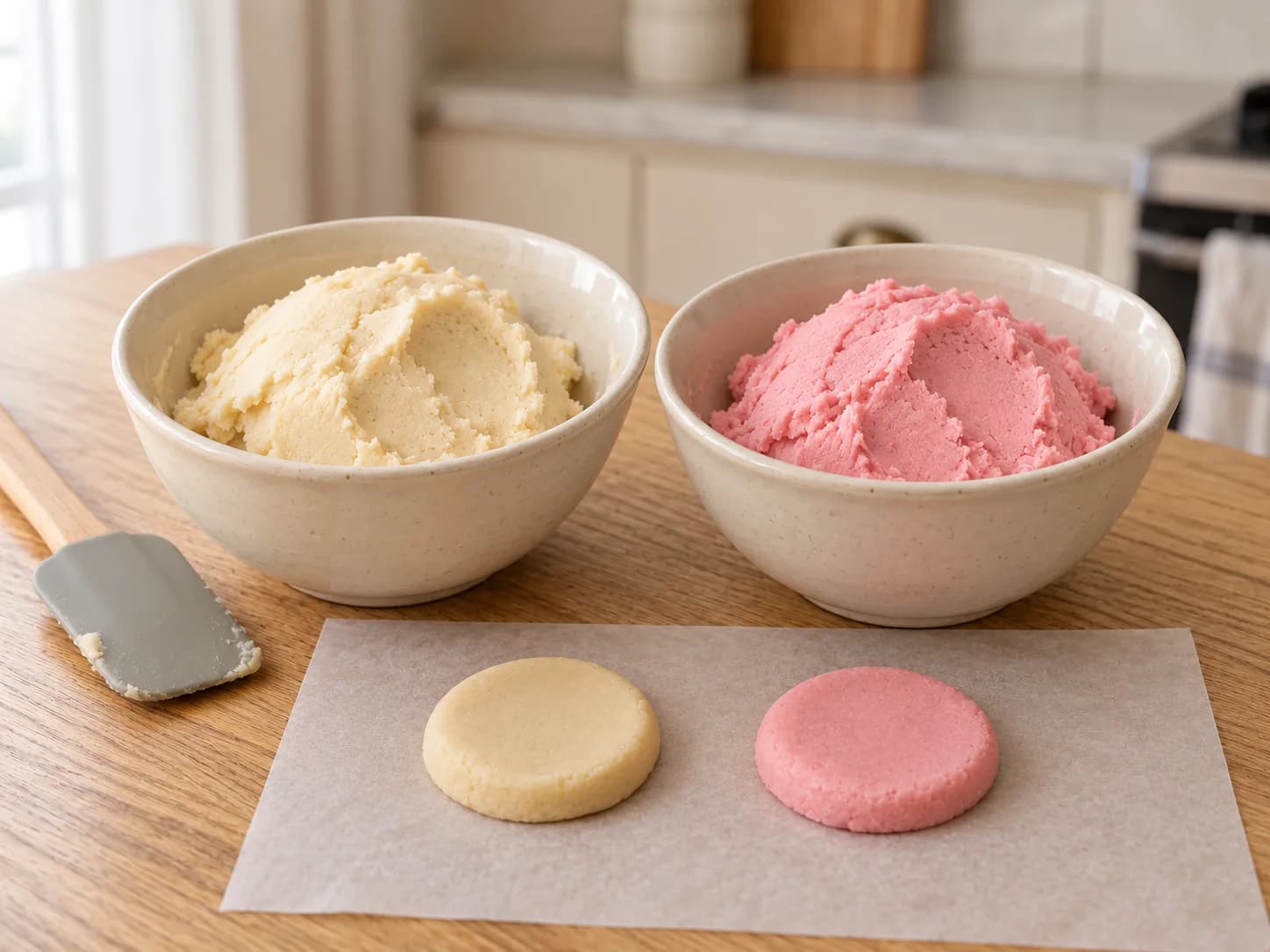 Two bowls of plain and pink topping paste, with a flattened disc of each color on parchment.