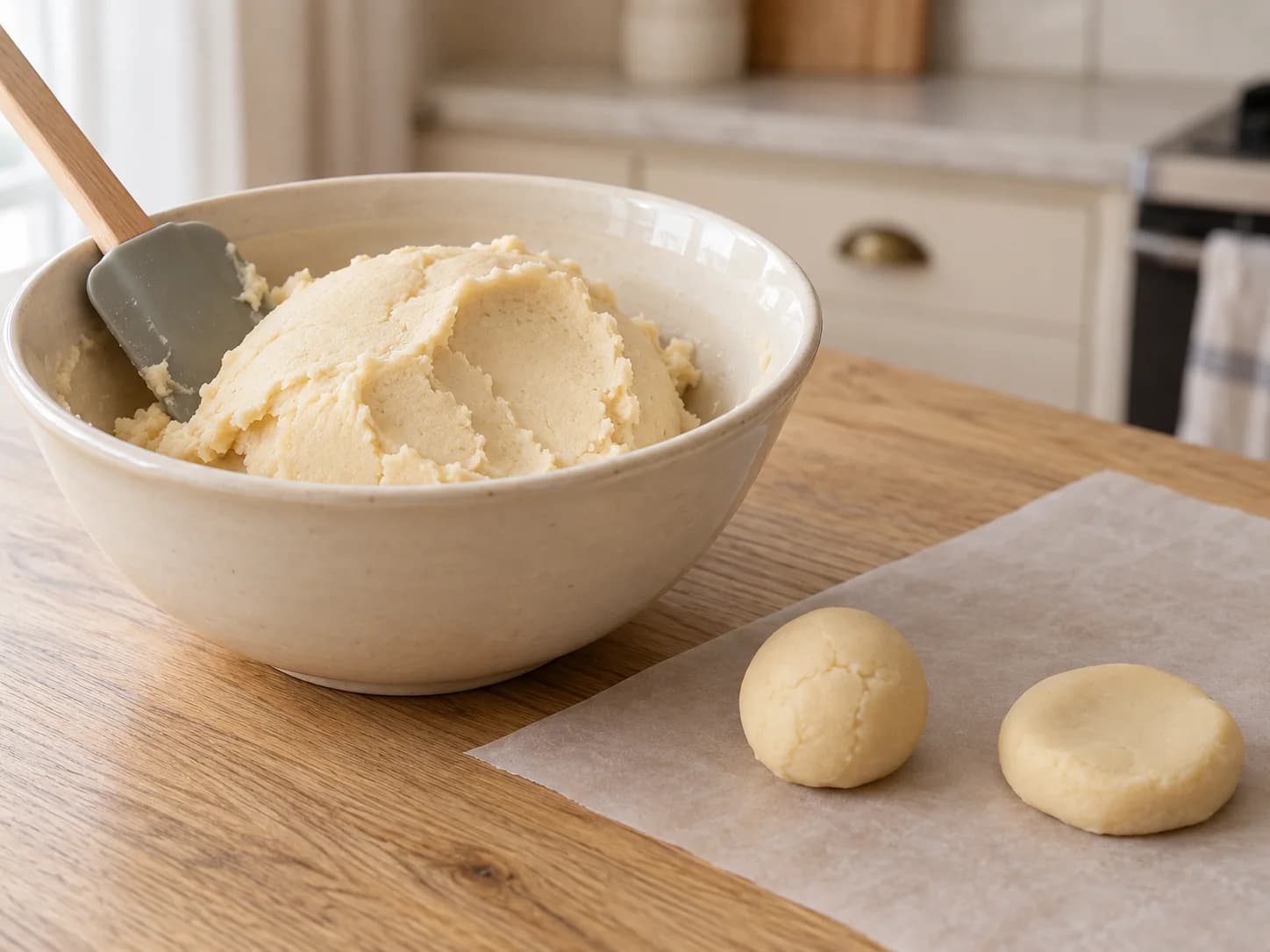 Plain topping paste in a bowl with a small ball and a flattened portion on parchment.