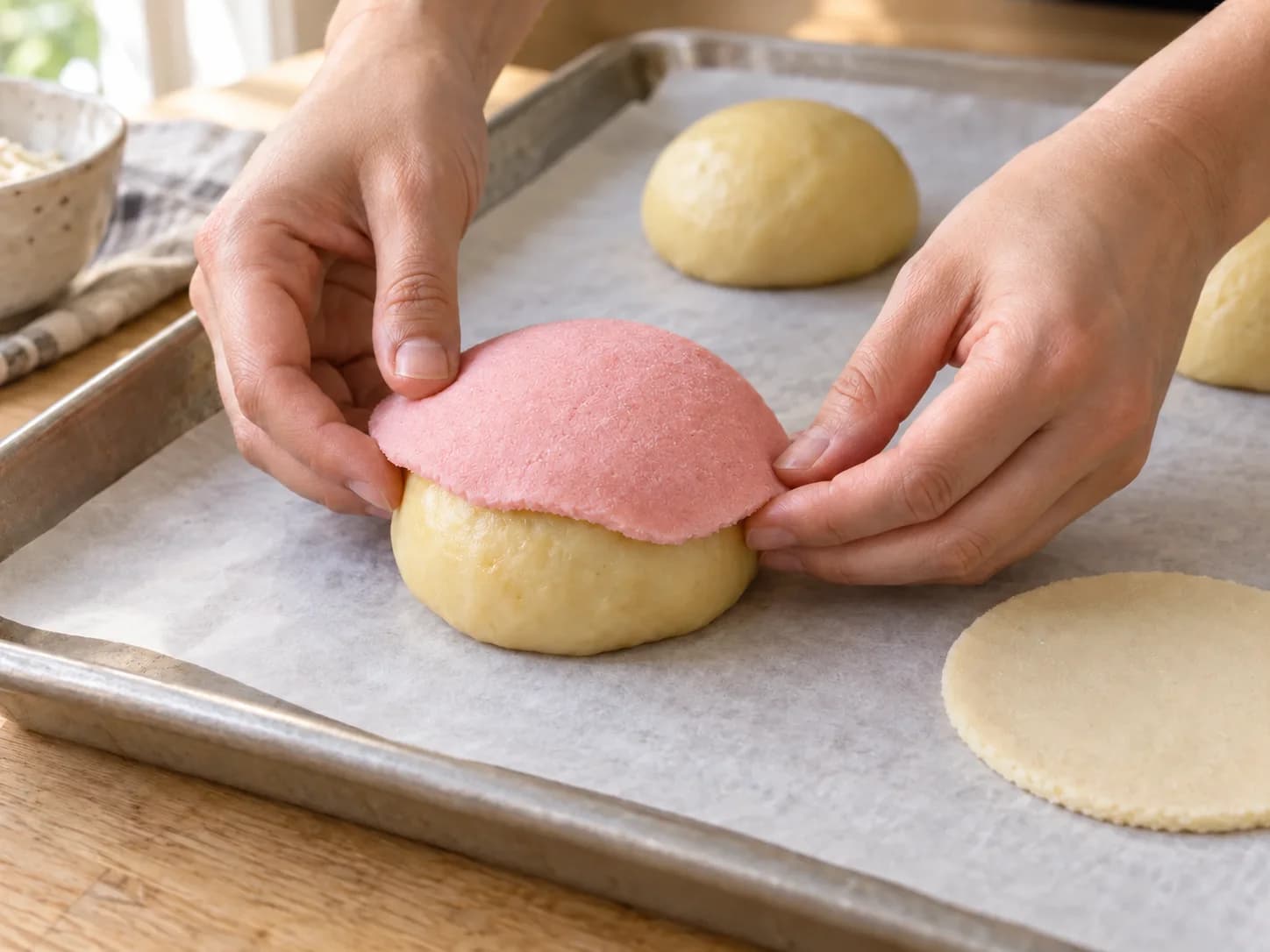 Two hands place a pink topping cap on a raw dough ball, with a plain cap beside it.
