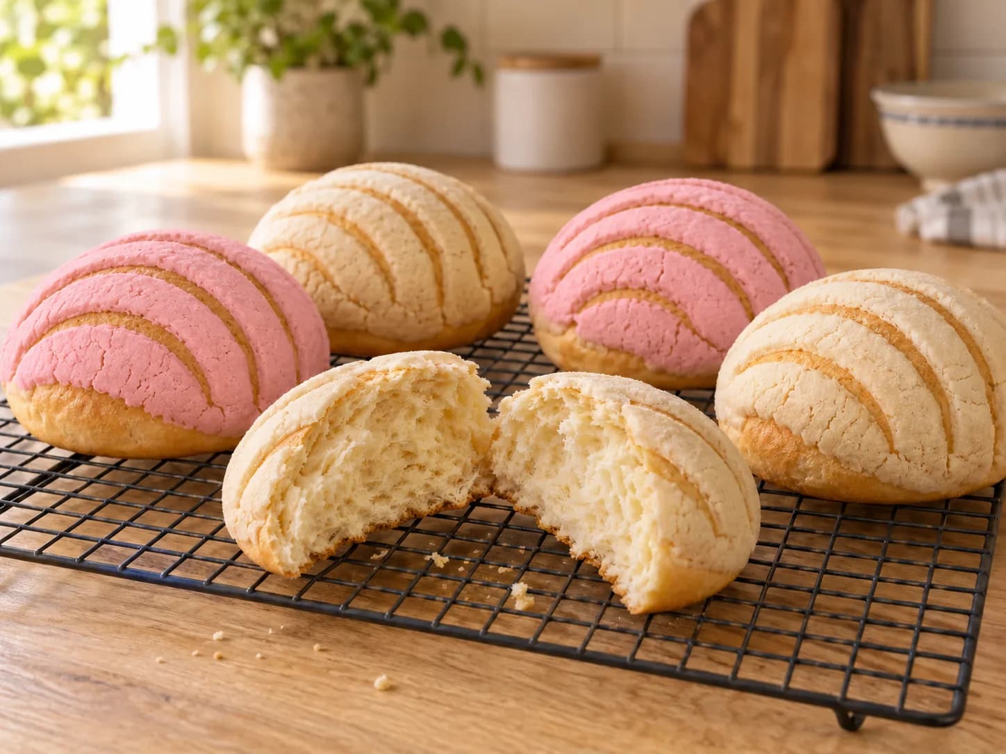 Plain and pink conchas on a rack; two open halves show the airy crumb beneath the thin cookie topping.