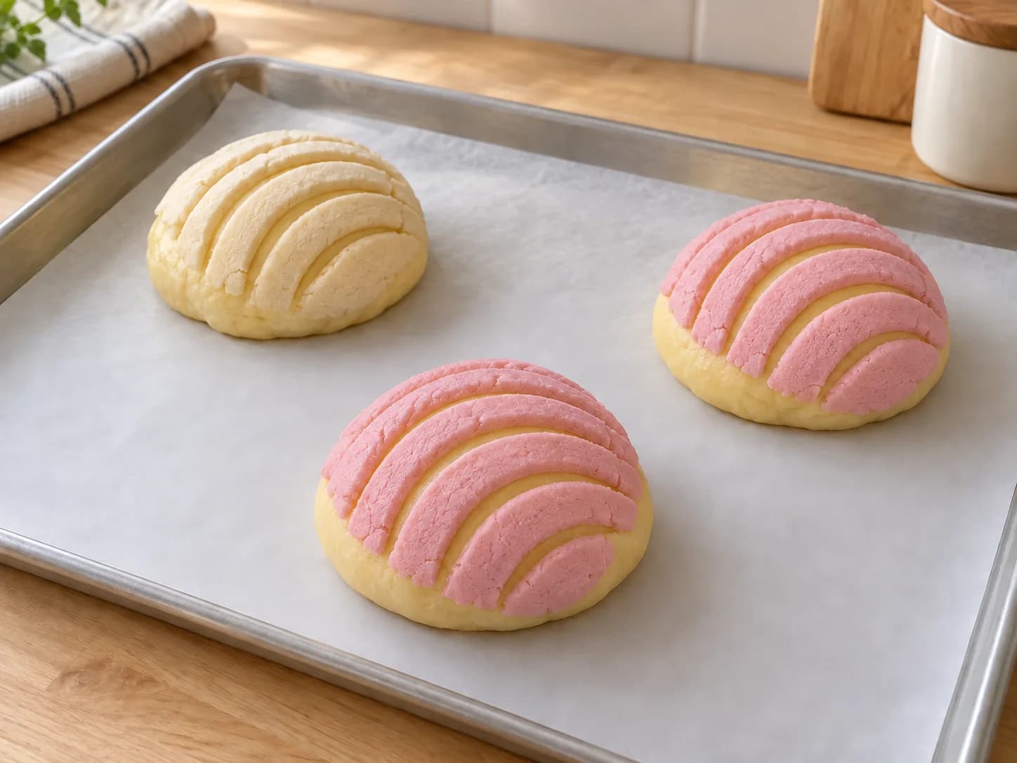 Two pink and one plain concha after final proof, with opened grooves and still-unbaked bread dough.
