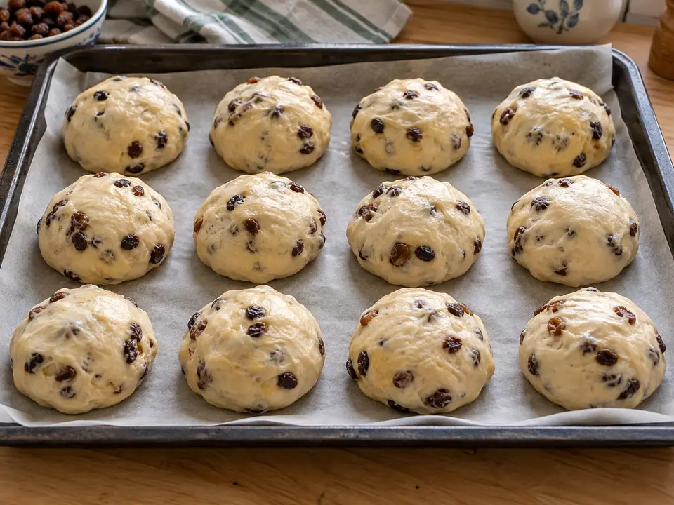 Twaalf rauwe krentenbollen staan gelijkmatig verdeeld op bakpapier tijdens de narijs.