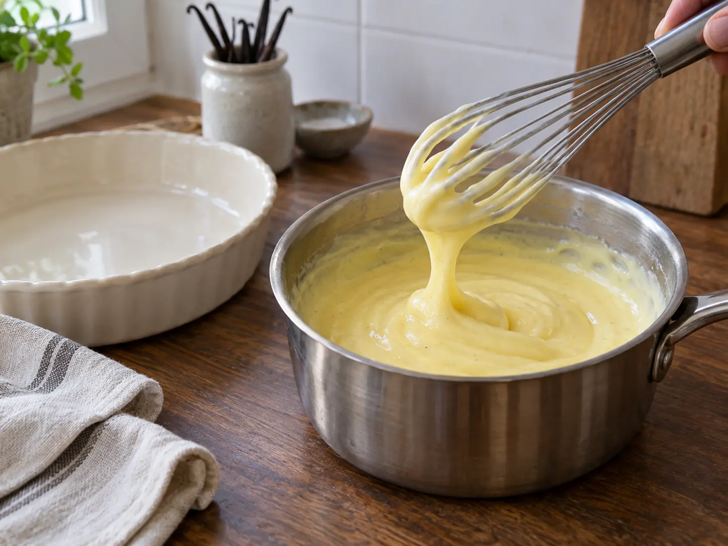 Thick glossy pastry cream slowly falls from a whisk back into a saucepan.