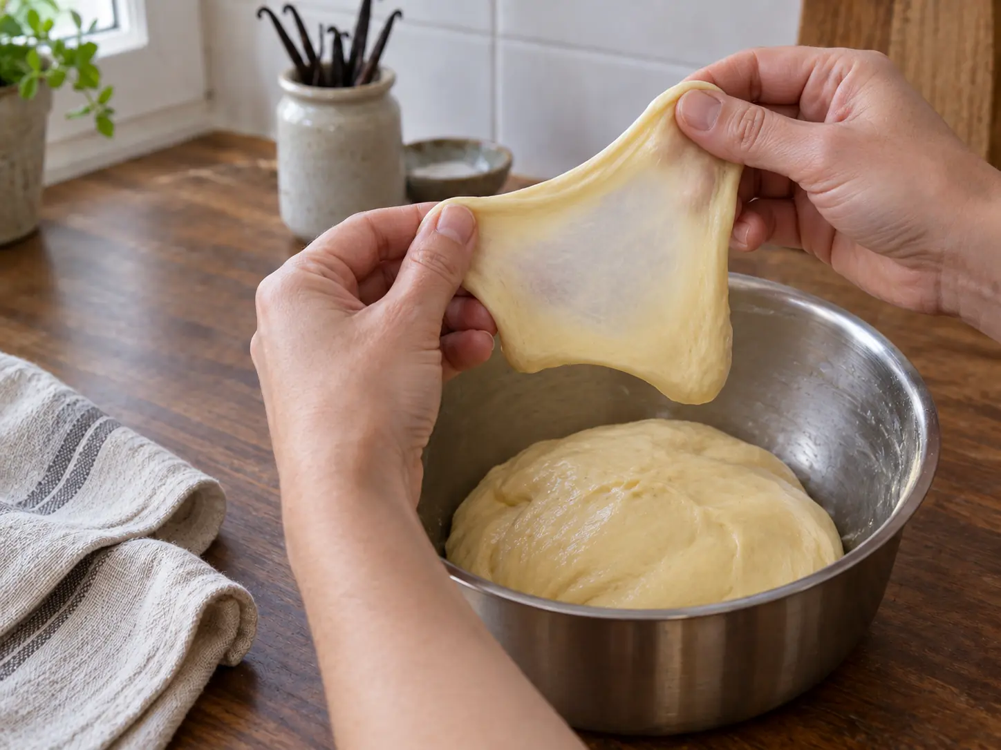 Hands stretch enriched milk dough above a mixing bowl into a thin translucent windowpane.