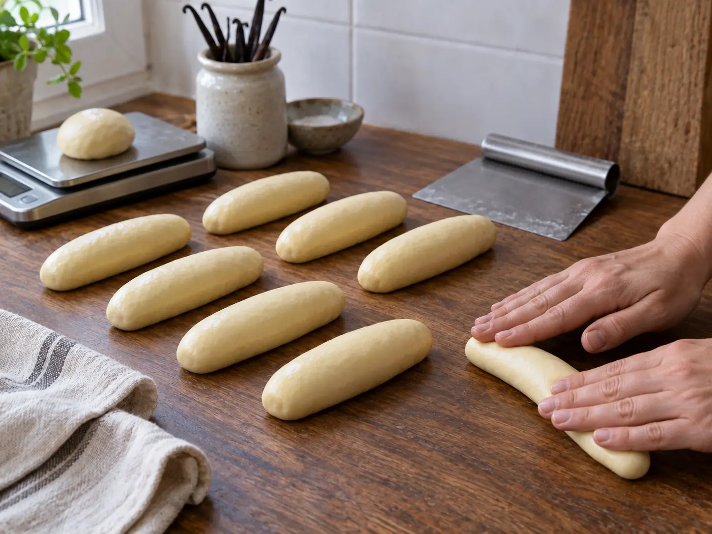 Equal pieces of enriched dough are rolled into smooth, taut buns about thirteen centimetres long.