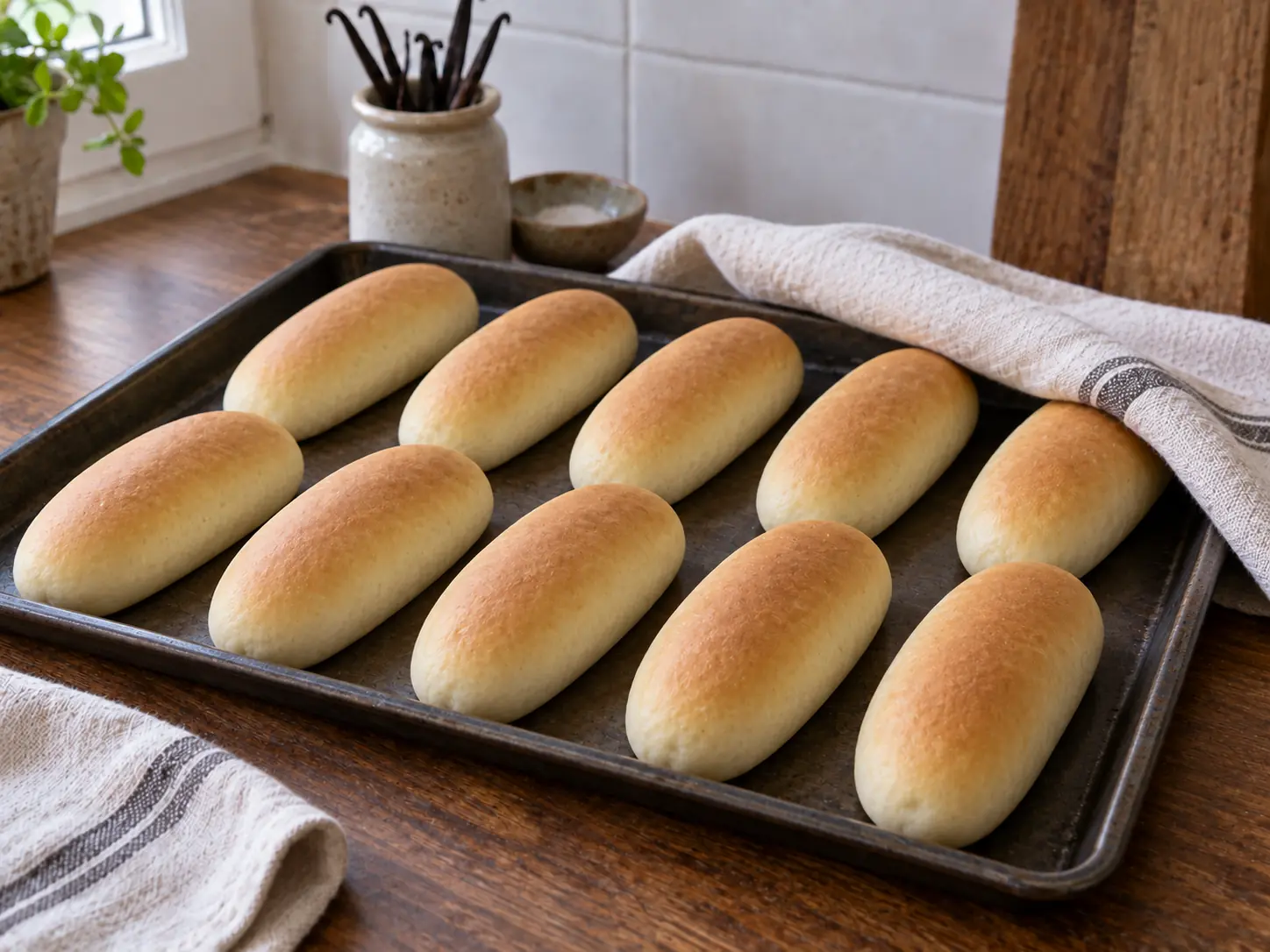 Ten elongated milk buns with lightly golden tops cool on a baking tray.
