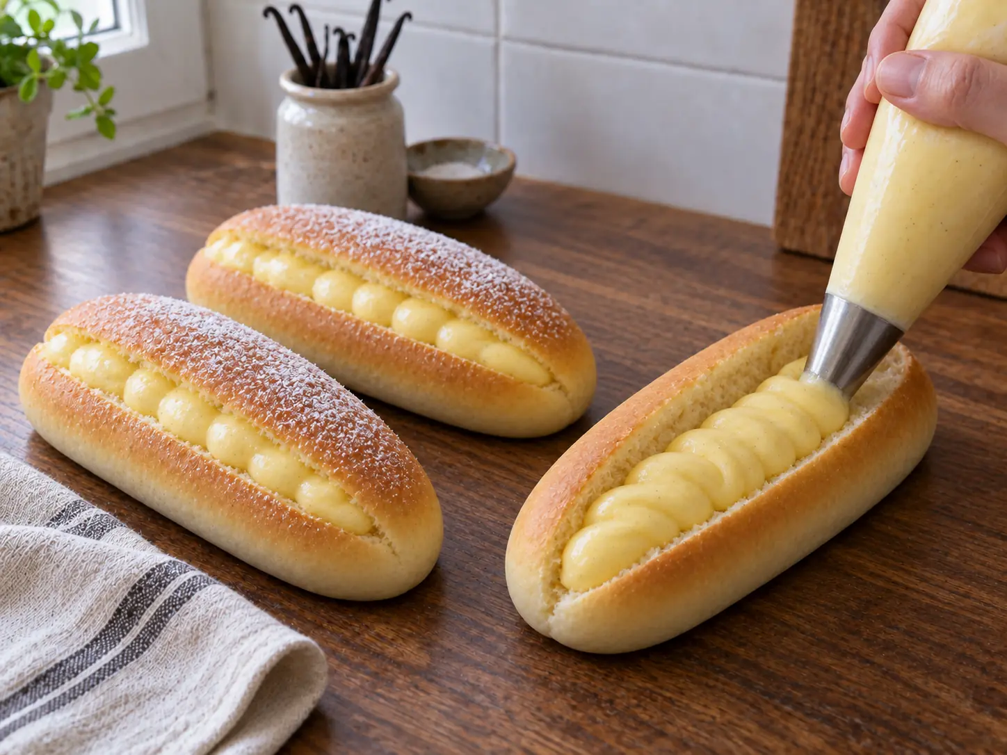 A cold elongated milk bun is filled from the top along its full length with thick vanilla pastry cream.