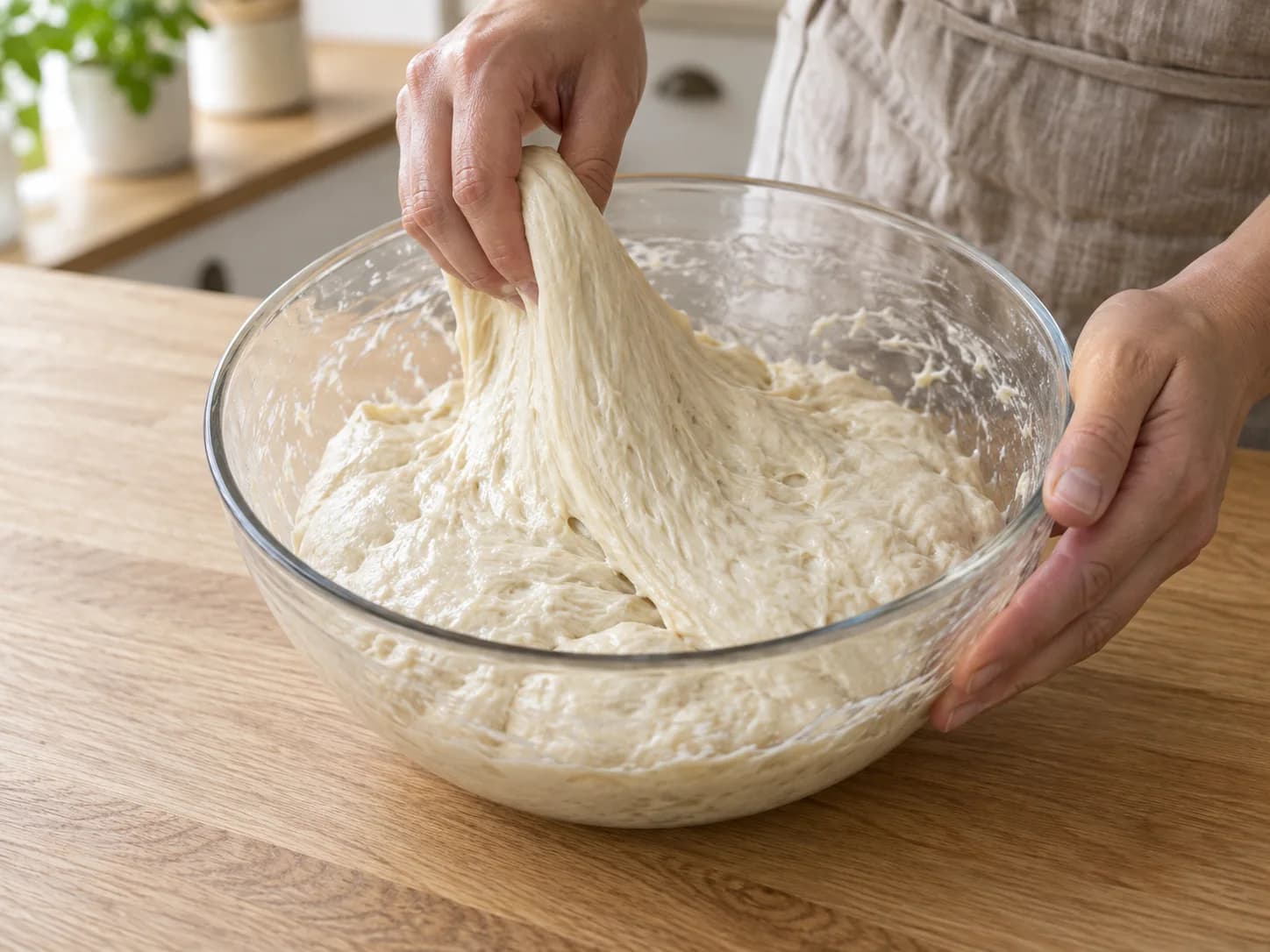 Een natte hand trekt een brede rand focacciadeeg omhoog uit een glazen kom.