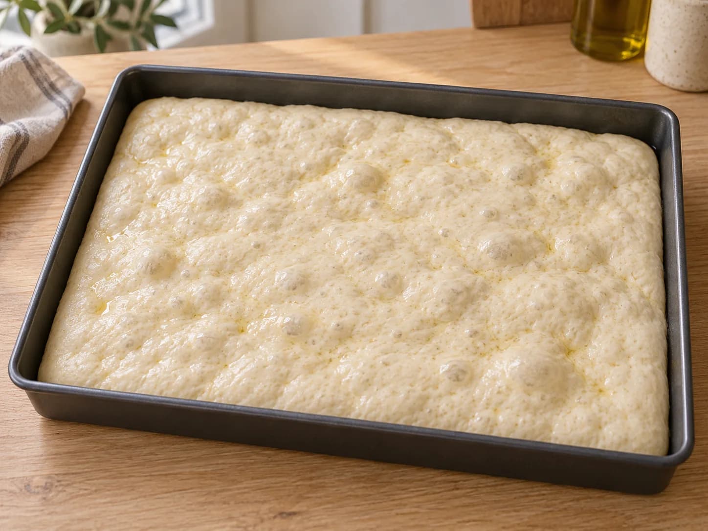 Luchtig, ongebakken focacciadeeg met belletjes vult een donkere rechthoekige bakvorm.