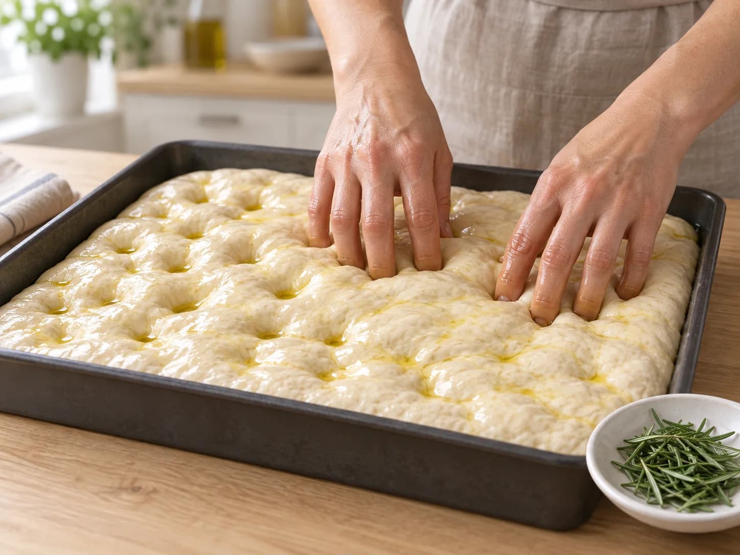 Geoliede vingertoppen drukken kuiltjes in rauwe focaccia; rozemarijn staat ernaast klaar.