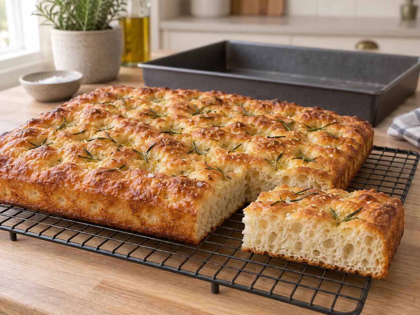 Goudbruine rozemarijnfocaccia op een rooster, met een afgesneden stuk dat de luchtige kruim toont.
