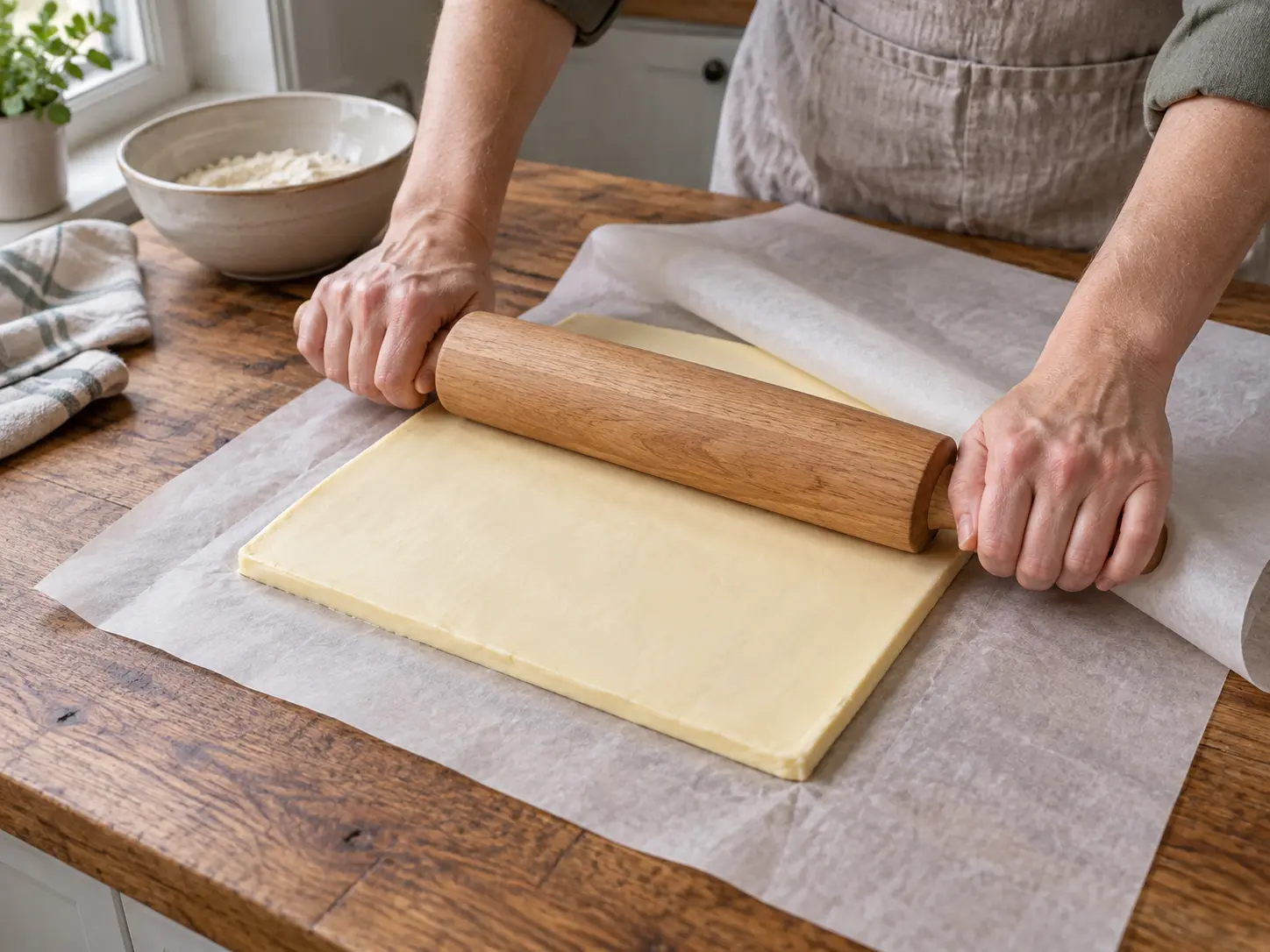 Een rechthoekige boterplaat wordt tussen bakpapier tot een gelijkmatige dikte uitgerold.