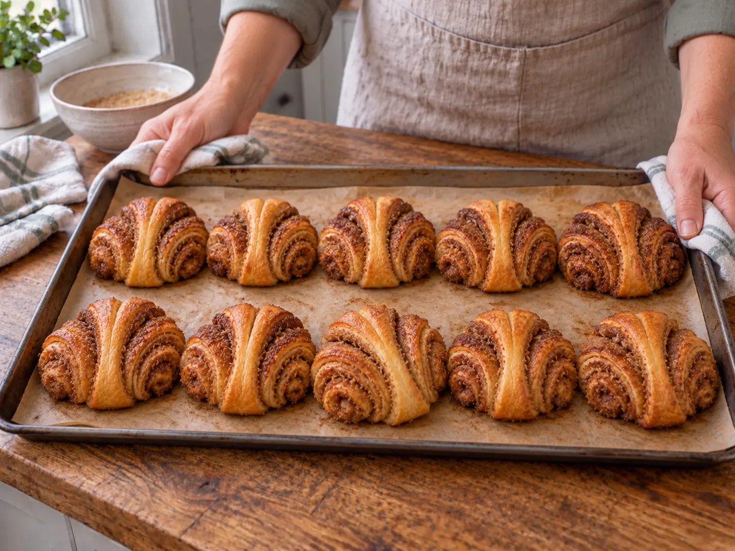 Tien diep goudbruine Franzbrötchen staan in twee rijen op een bakplaat, met een diepe middennaad en opengewaaierde kaneellagen.