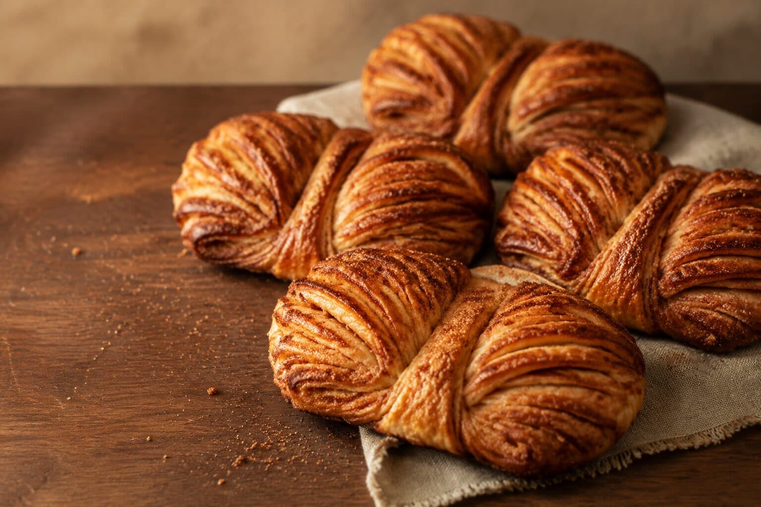 Golden Hamburg Franzbrötchen with a deeply pressed centre, fanned laminated layers and caramelised cinnamon edges.