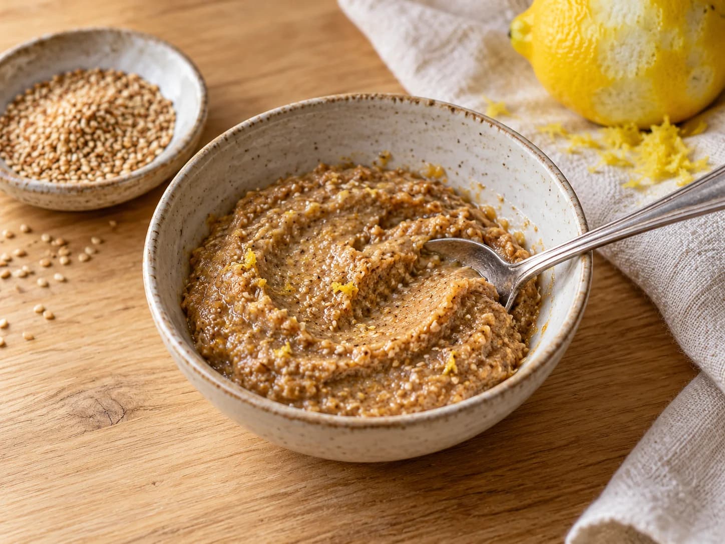 Streichfähige braune Butter mit zerstoßenem Sesam und Zitronenabrieb in einer Schüssel; Illustration.