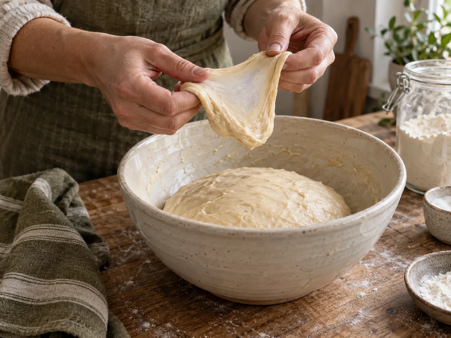 Een bakker rekt het geknede verrijkte deeg boven de mengkom uit tot een dun, doorschijnend vlies.
