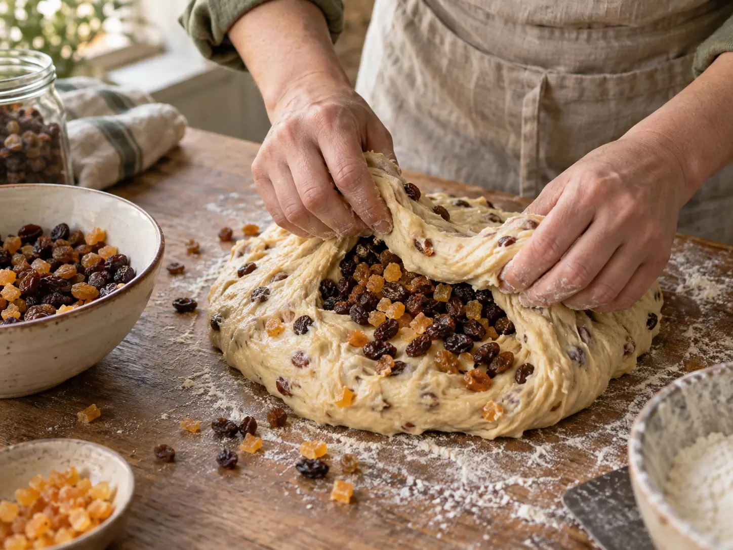 Sultana's, rozijnen en gekonfijte citrusschil worden voorzichtig door ontwikkeld Hot Cross Bun-deeg gevouwen.