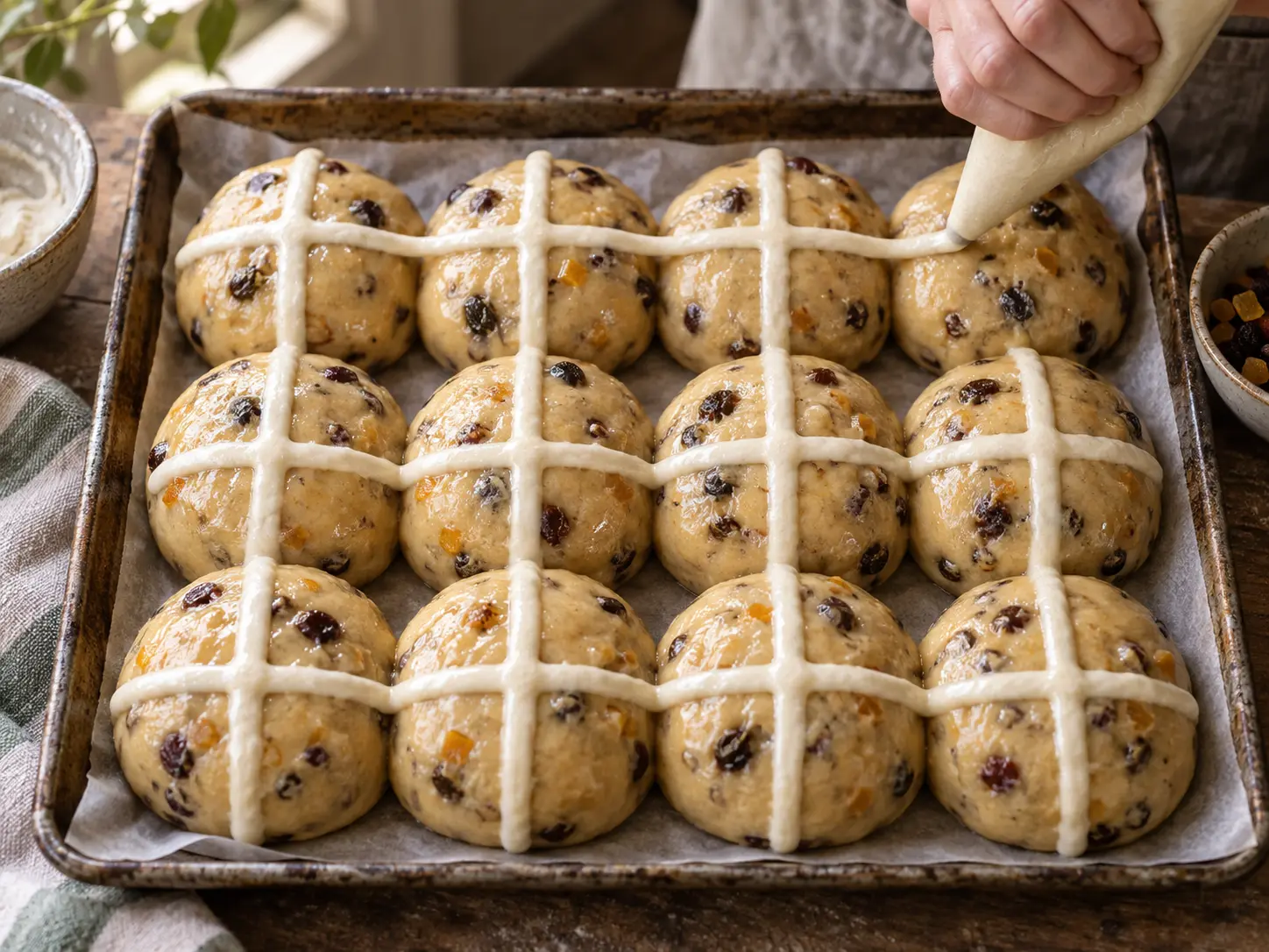 Bloempasta wordt in lange rechte lijnen over twaalf uitgerijpte Hot Cross Buns gespoten.