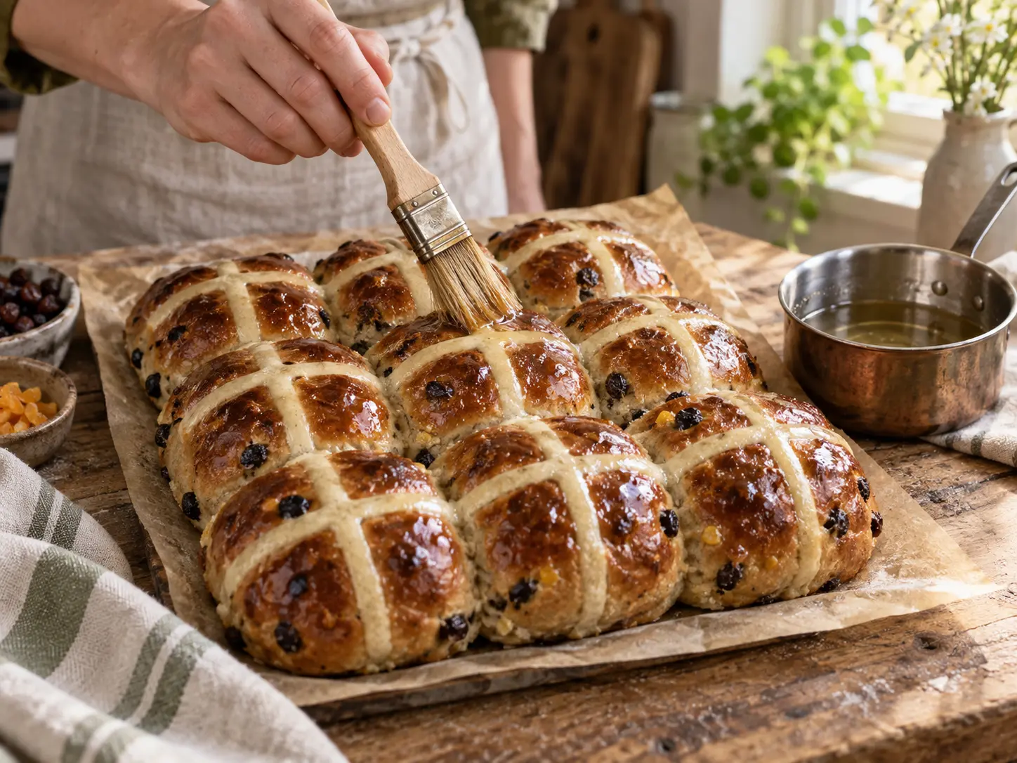 Versgebakken Hot Cross Buns worden direct uit de oven dun met heldere suikerstroop bestreken.