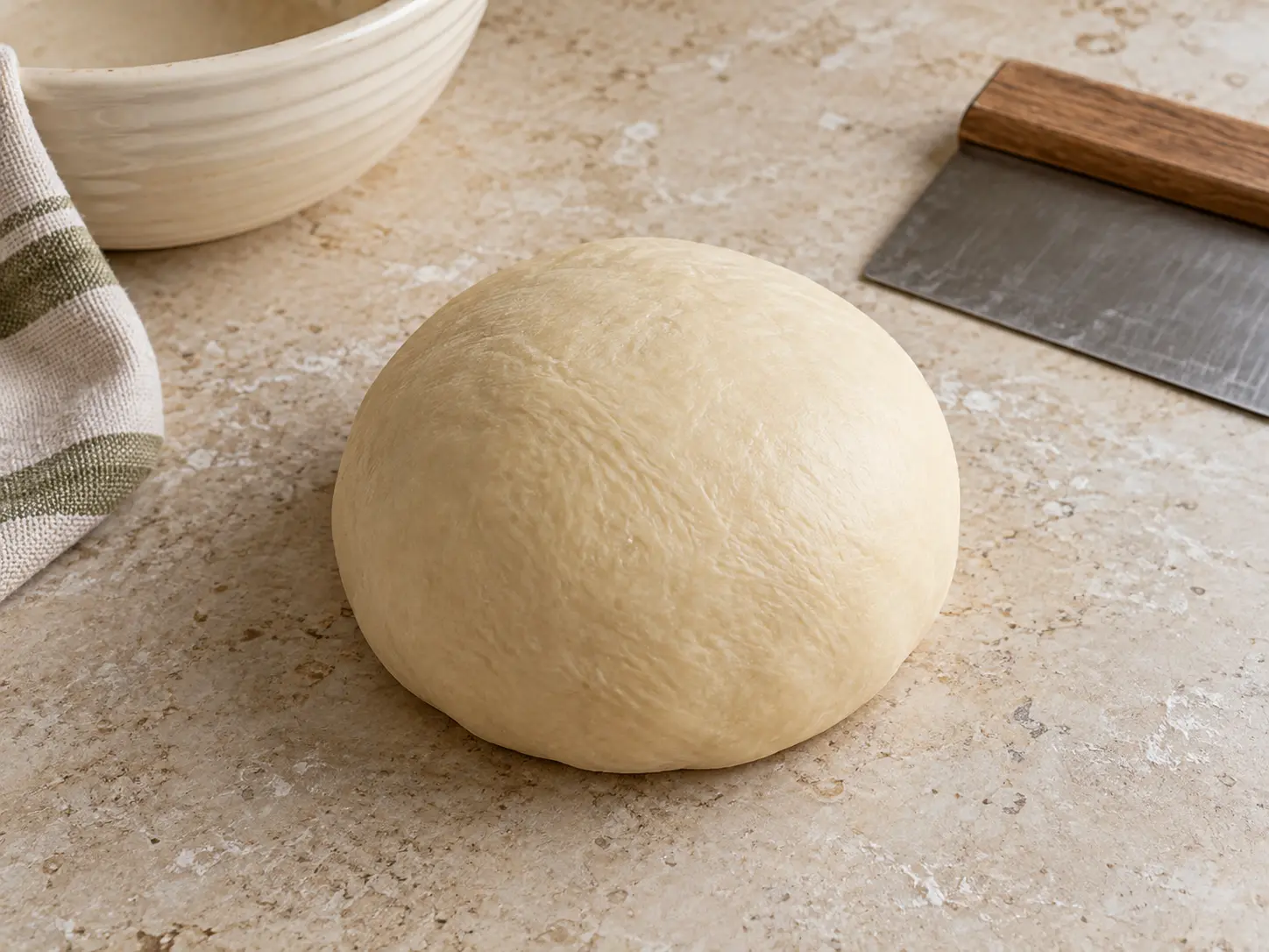 A smooth, firm ball of yeast dough rests beside a bowl and bench scraper on the worktop.