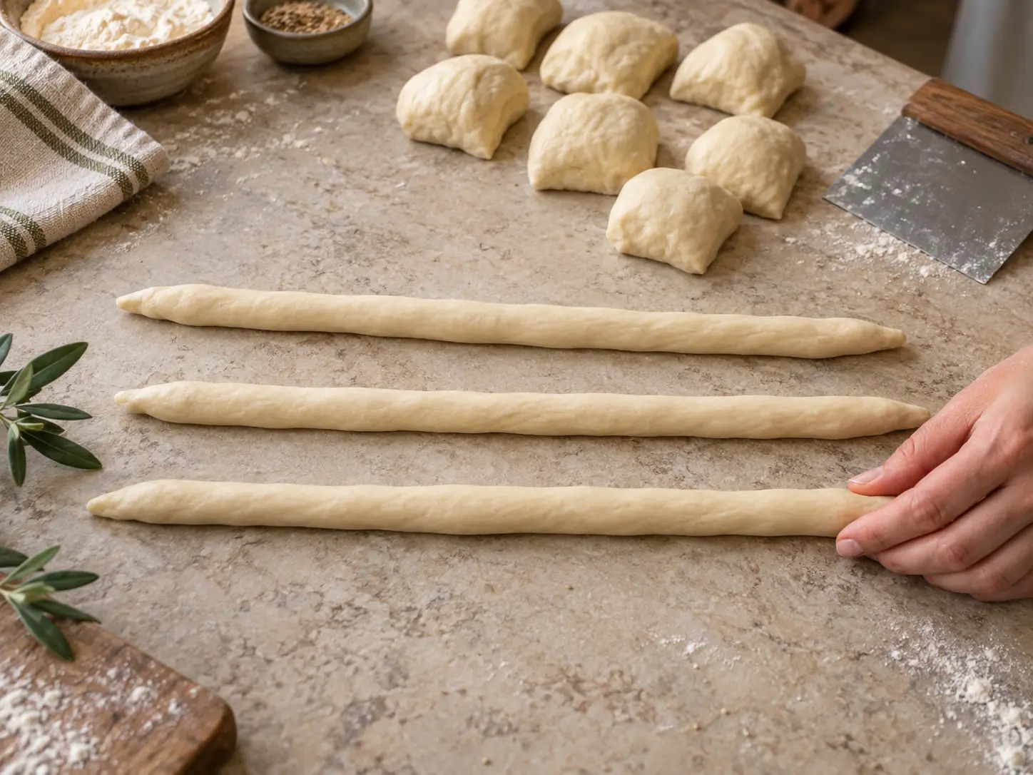 Three even cords of raw dough lie parallel on the worktop beside divided dough portions.