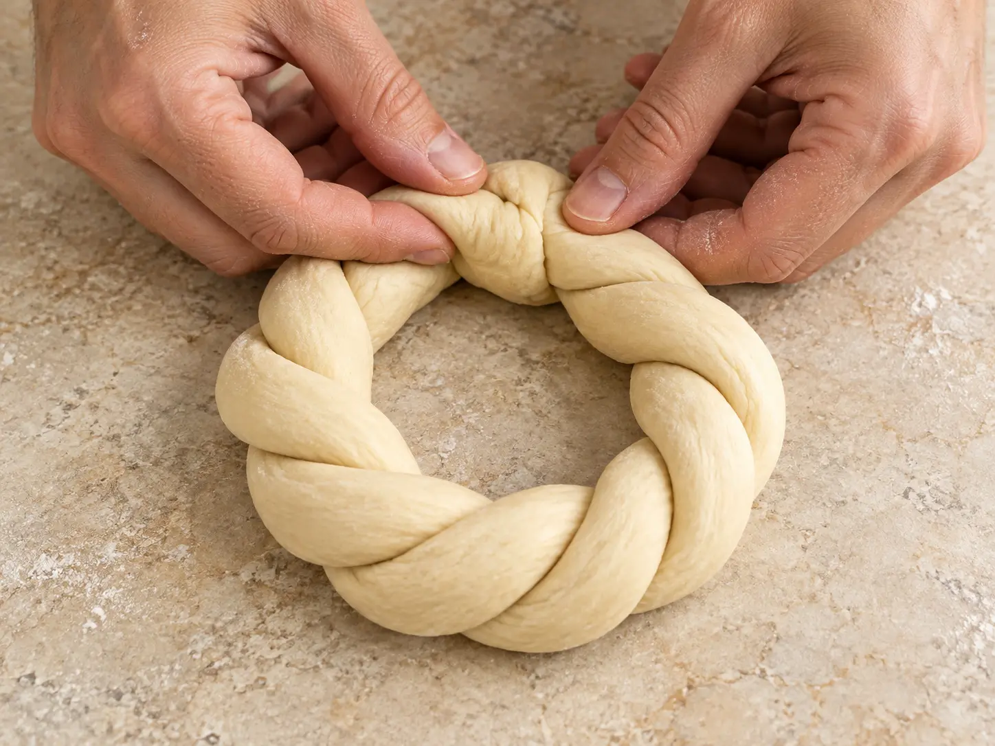 Two hands close a ring made from three braided dough cords by firmly overlapping the ends.