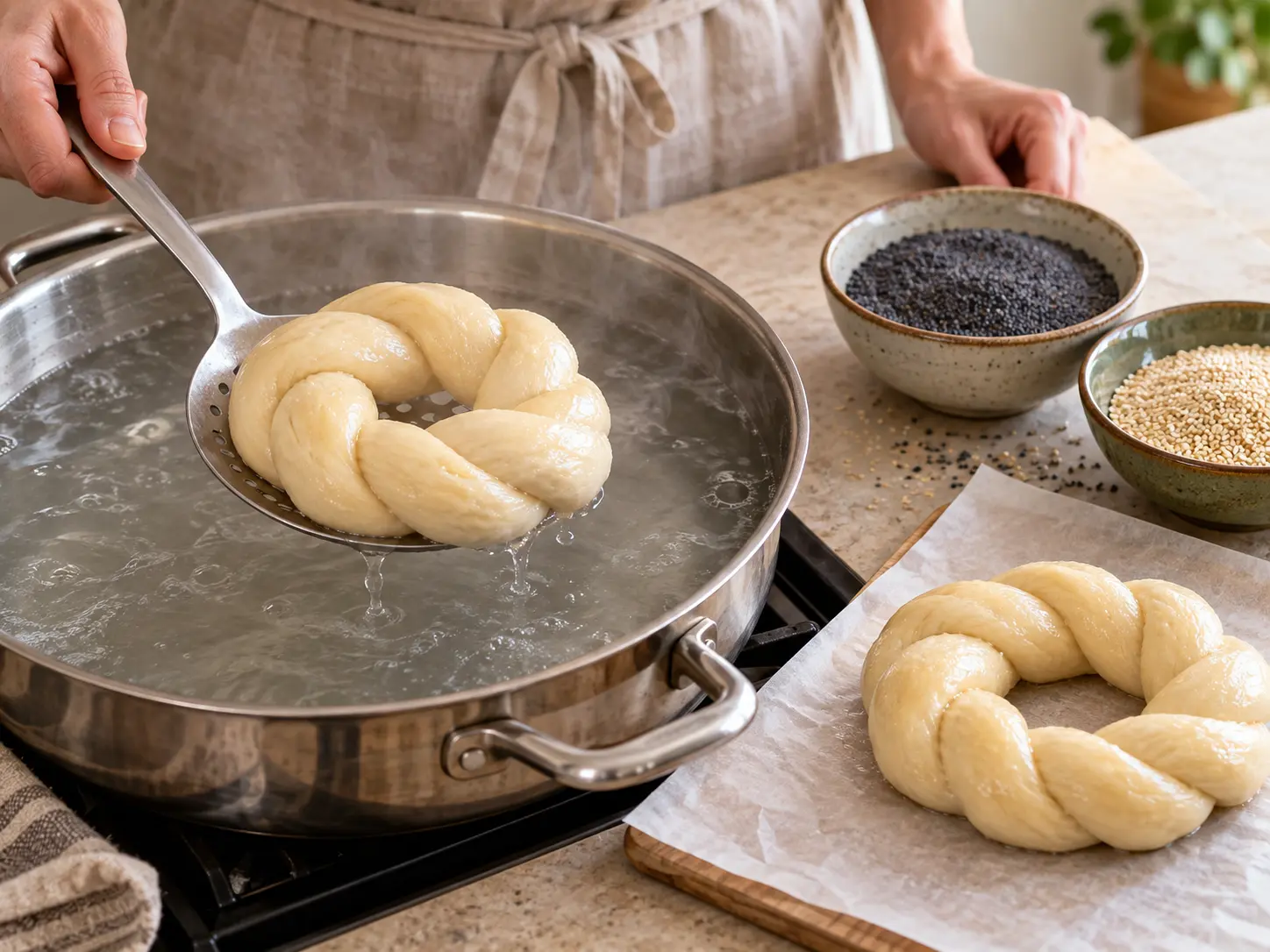 A braided dough ring is lifted with a slotted spoon from hot, gently steaming water.