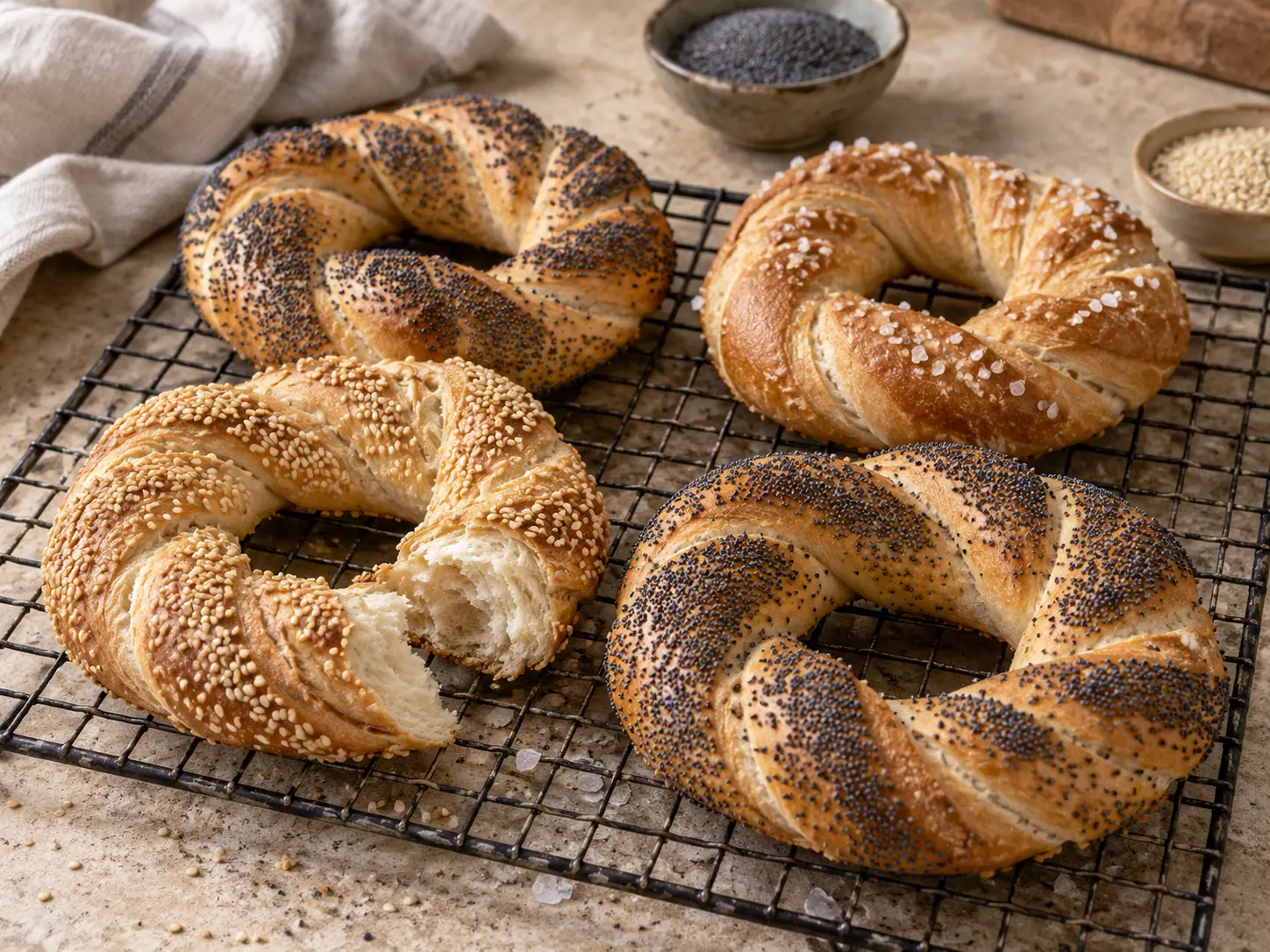 Four golden braided obwarzanki with poppy seed, sesame and coarse salt cool on a rack.