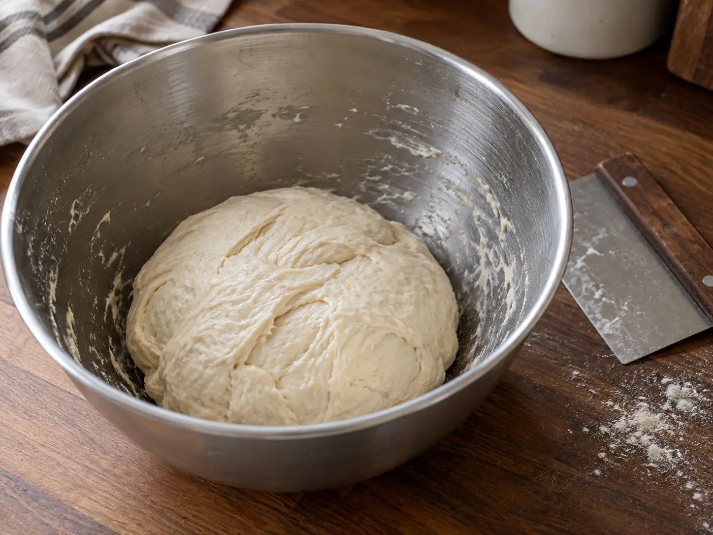 Samenhangend pizzadeeg met zichtbare plooien in een roestvrijstalen mengkom.