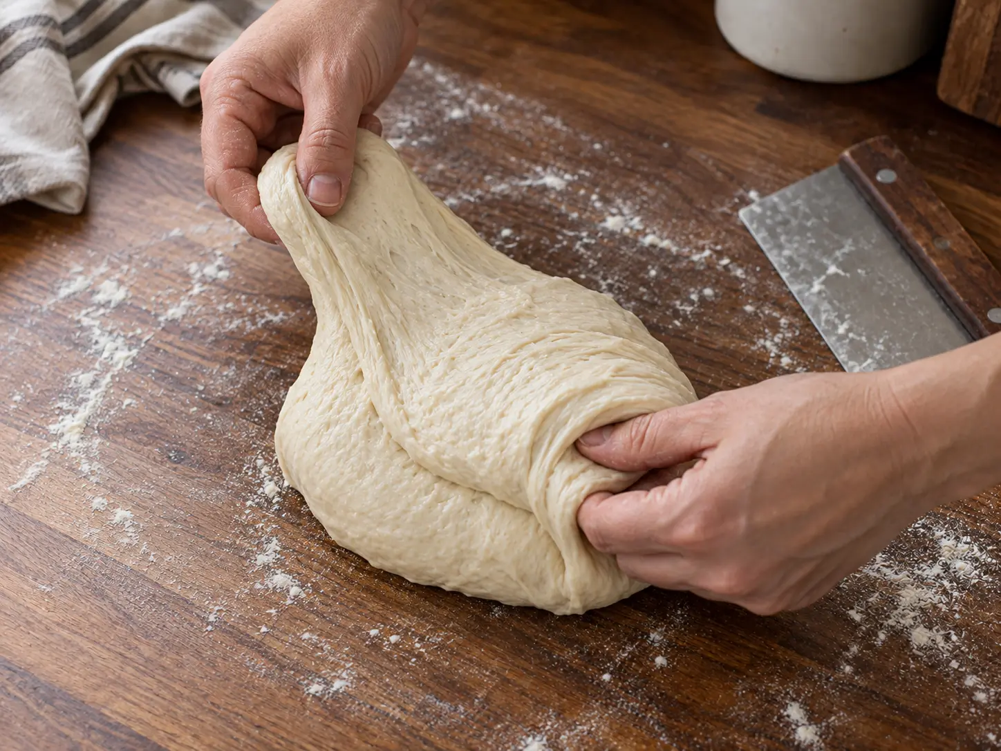 Elastisch pizzadeeg wordt op een houten werkblad uitgerekt en gevouwen.