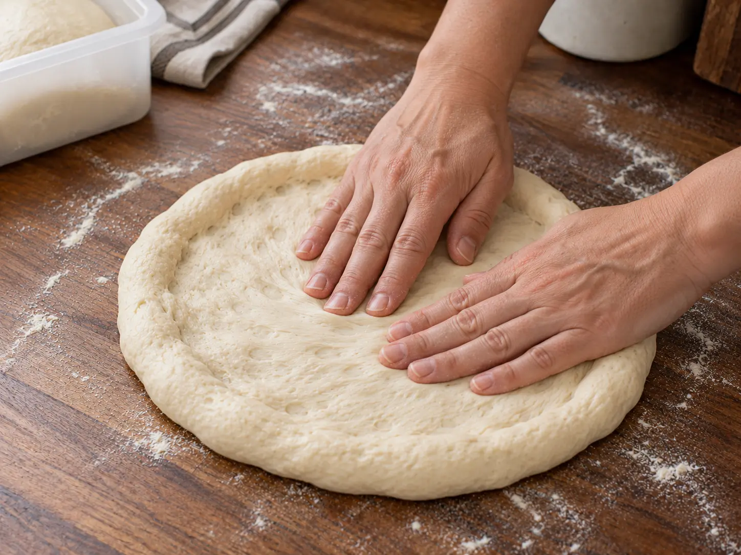 Een pizzadeegbol die met de handen tot een ronde bodem wordt geopend