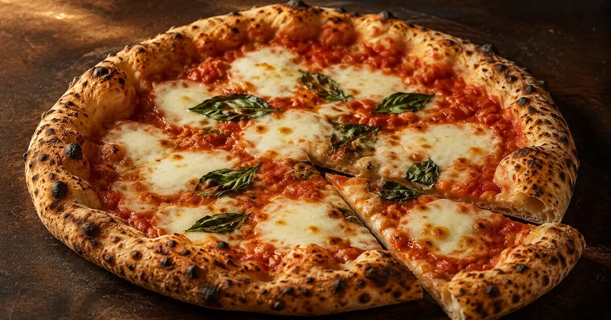 Freshly baked pizza with a thin base, airy rim, tomato, mozzarella and basil.