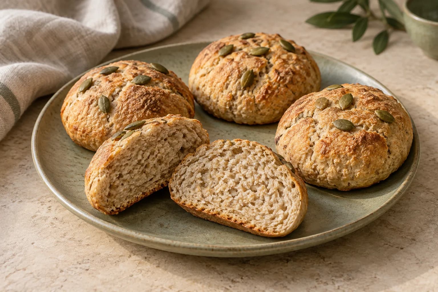 Pumpkin-seed oat and quark rolls, one cut open to show a compact crumb; AI illustration.