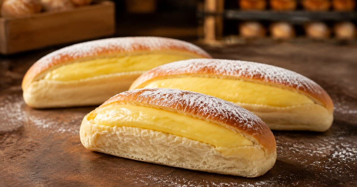 Three elongated soft Dutch custard buns with generously visible yellow vanilla pastry cream and a light dusting of confectioners' sugar.
