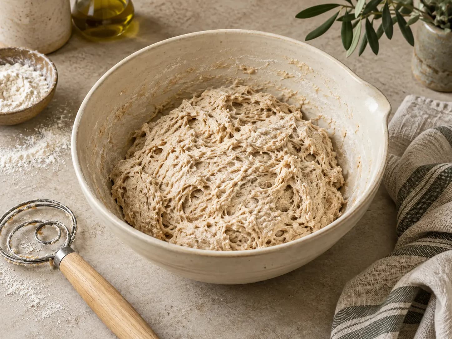 Freshly mixed, shaggy sourdough rests in a cream bowl beside a dough whisk.