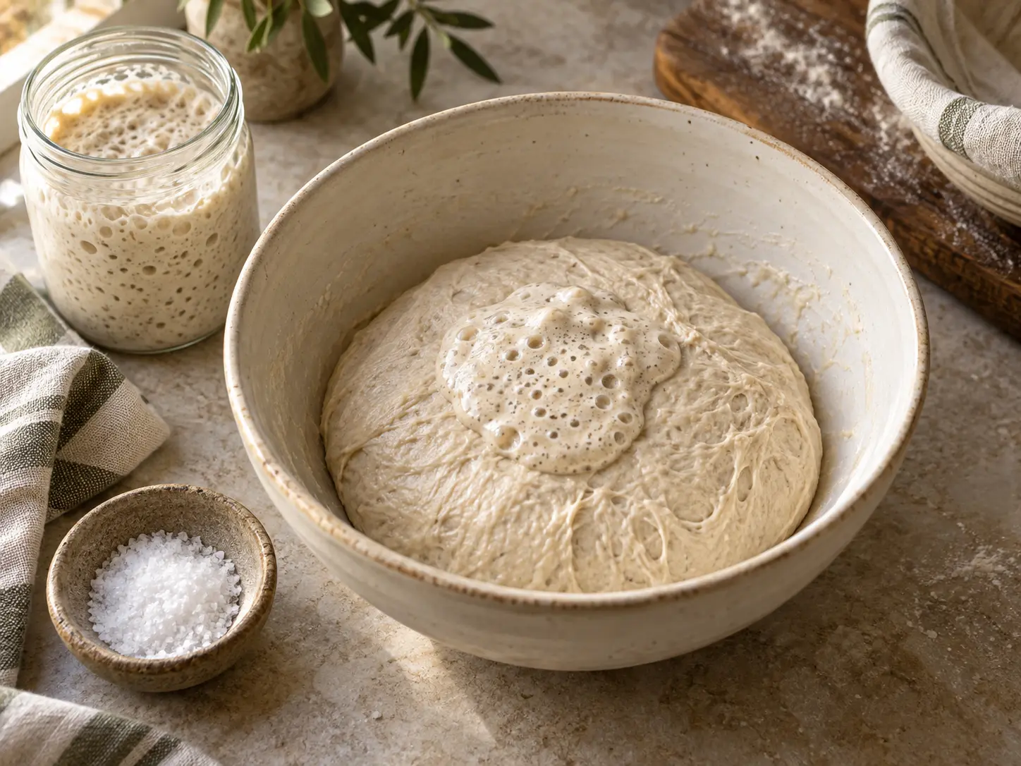 Bubbly active starter sits on the dough, with a jar of starter and a small bowl of salt beside it.
