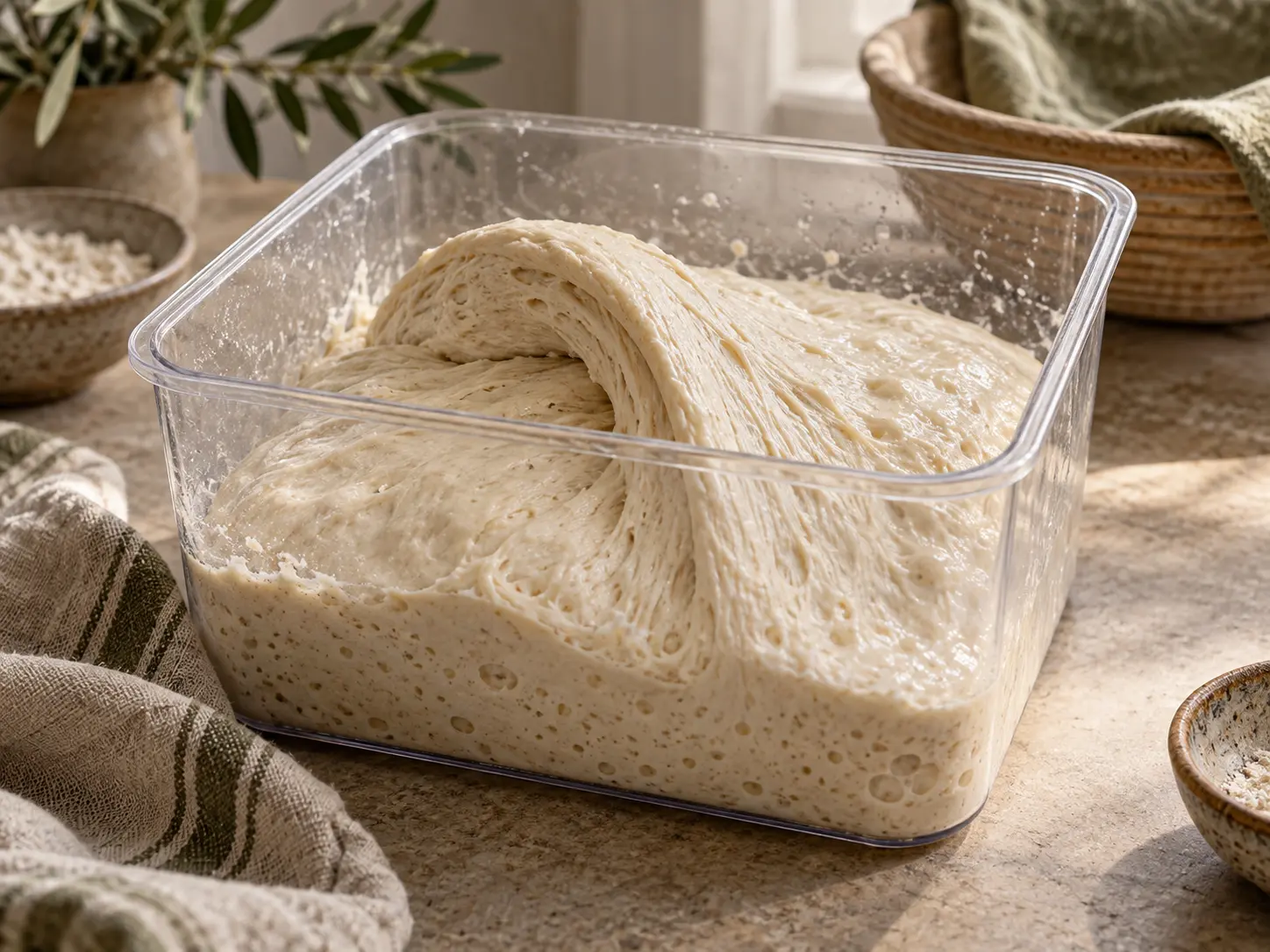 Elastic sourdough forms a coil fold in a clear tub with visible fermentation bubbles.