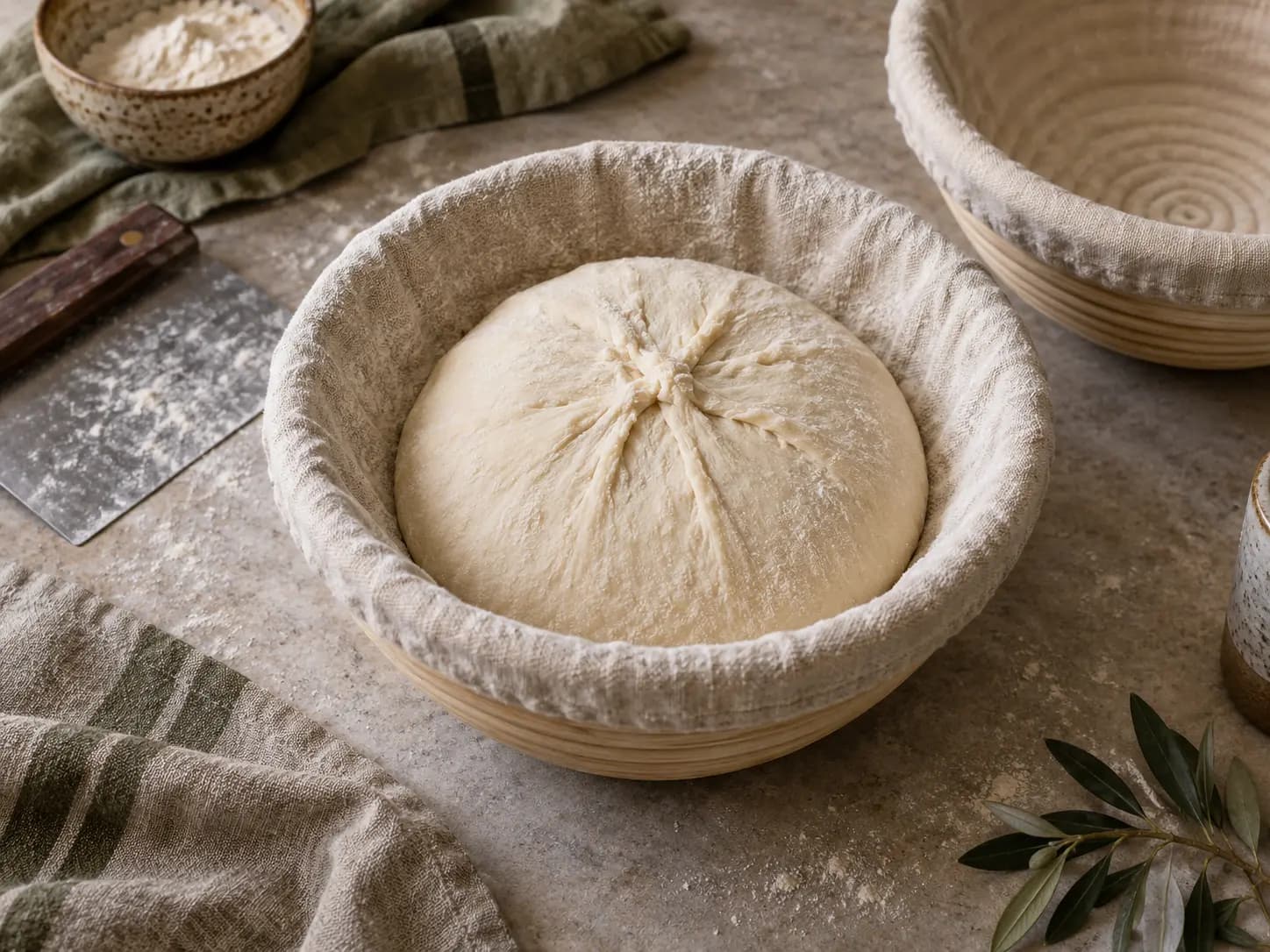 Taut shaped sourdough rests seam-side up in a flour-dusted proofing basket.
