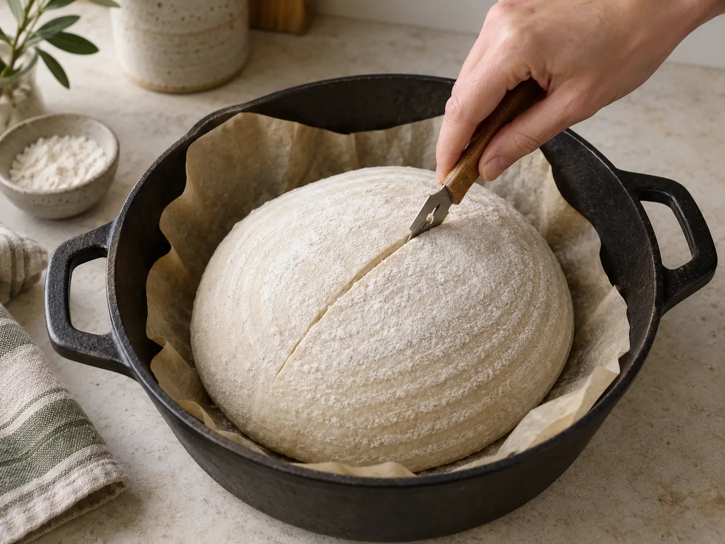 A hand scores cold-proofed raw sourdough with a bread lame in an open cast-iron Dutch oven.