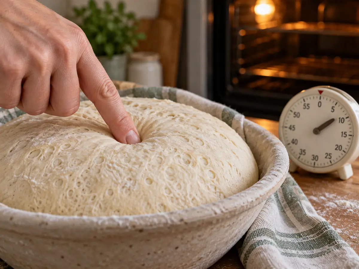 Vingerproef in gerezen brooddeeg naast een keukentimer en oven